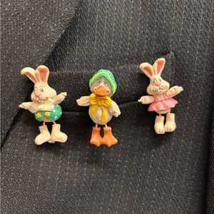 Easter Russ Rabbit and Duck Vintage Figurine Brooches